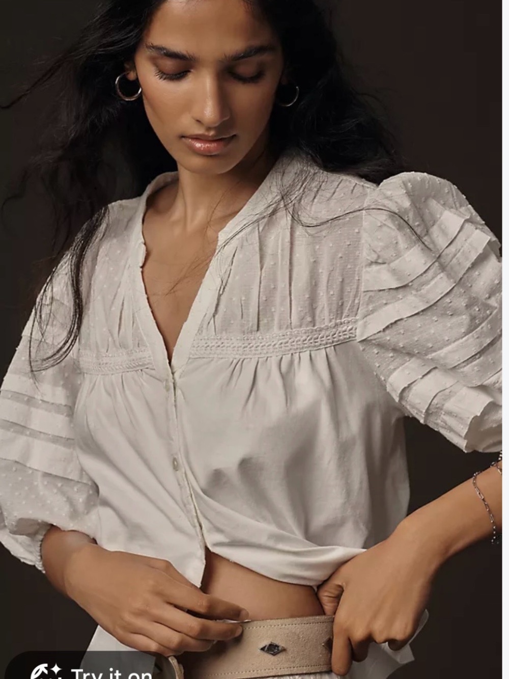 Anthropologie White Swiss Dot Ruffle Sleeve Cotton Blouse Top Size M